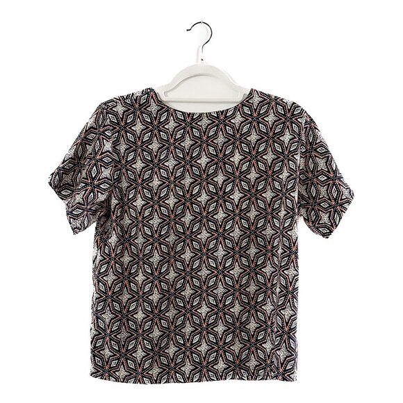 LUMIERE Short Sleeve Navy and Orange Printed Blouse - Size Small - Picture 1 of 3